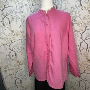 ❌SOLD❌Sigrid‎ Olsen Top Women's Sz L 100% Linen Long Sleeves Band Collar Bright